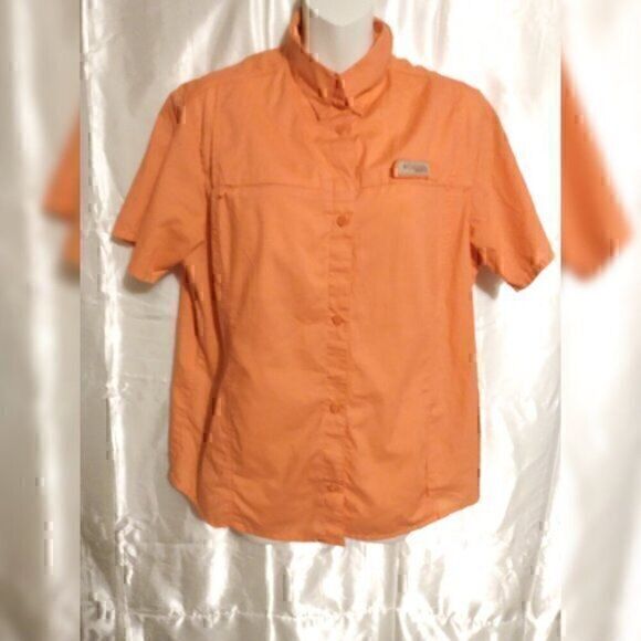 Columbia Button Down Short Sleeve Collar  Zipper Pocket Orange  Shirt L - Picture 1 of 12
